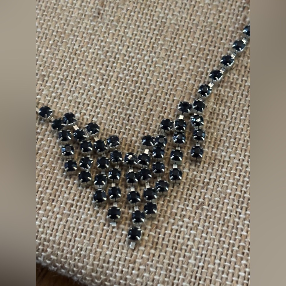 Silver Tone Black Rhinestone Cascade Necklace  21”